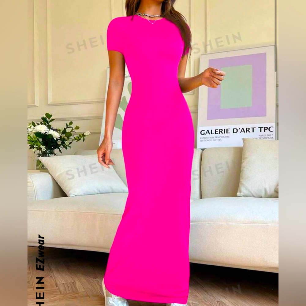 Hot pink new mock neck long maxi dress